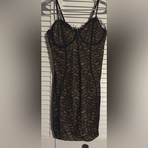 SHEIN Black Lace Overlay Mini Dress with Nude Lining